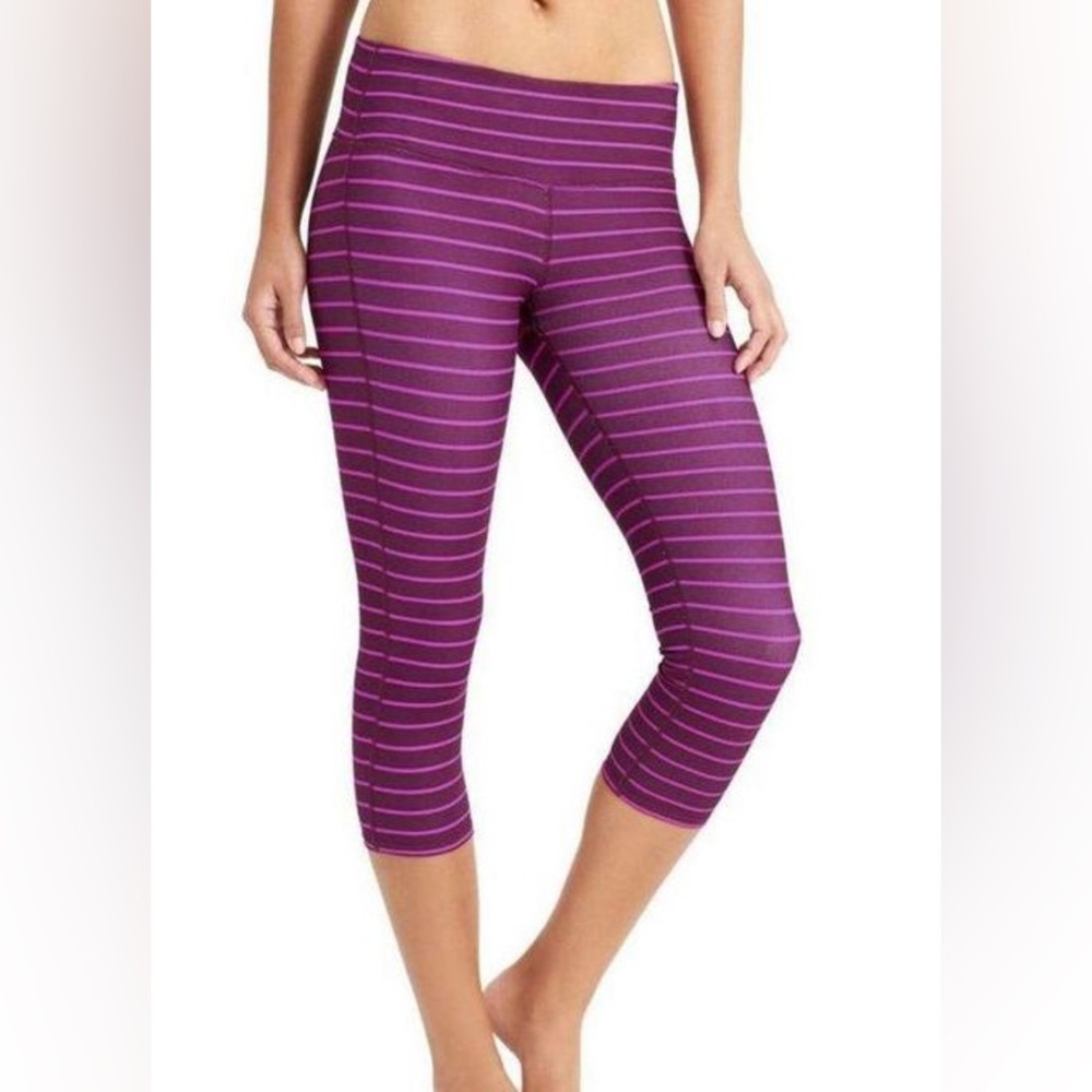 Athleta Purple Black Stripe Chaturanga Capri Leggings Running Tights medium - Picture 2 of 7
